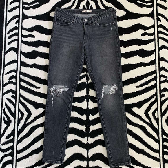 Levi’s 721 High Rise Skinny Distressed Split Knee Black Washed Jeans Size 27 - Picture 6 of 15